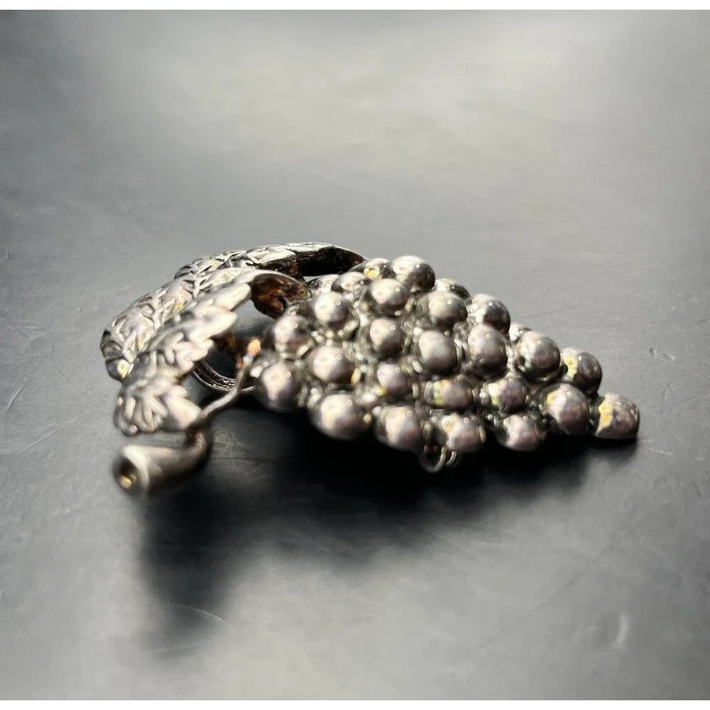 Silver Tone Grape Bunch Brooch Pin Pendant Cluster Signed MJ Marie Jennifer